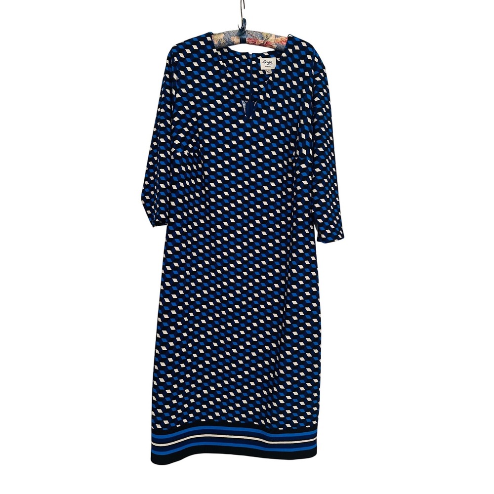 Beige by ECI Blue Geometric Diamond Print Sheath Dress Womens 1X 3/4 Sleeve Midi